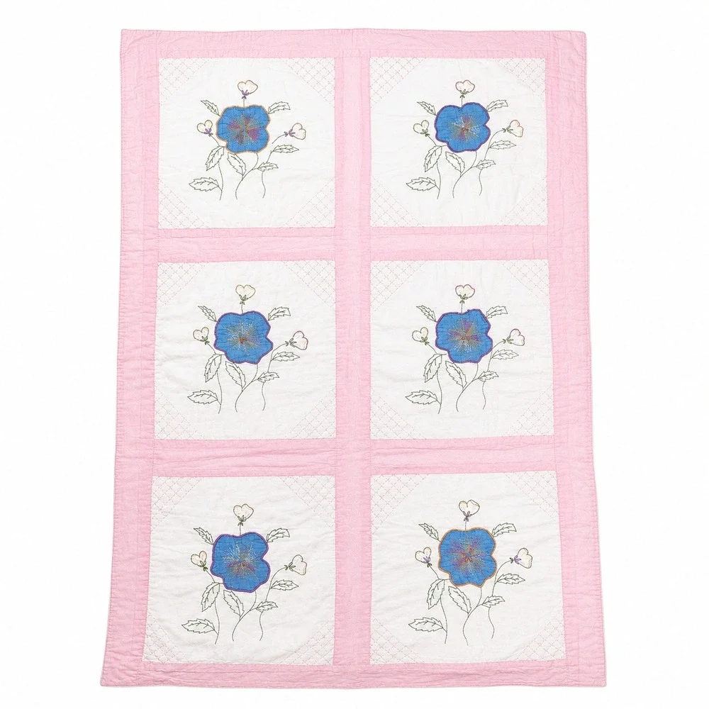 Vintage 37x55 Baby Quilt Hand Embroidered Floral Pansy Pink White Blue Handmade